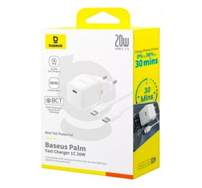Baseus Зарядний пристрій Baseus 1xUSB-C 20W + 1xUSB white + cable USB-C to USB-C 60W 1.0m (P10111608213-01)