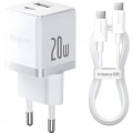 Baseus Зарядний пристрій Baseus 1xUSB-C 20W + 1xUSB white + cable USB-C to USB-C 60W 1.0m (P10111608213-01)