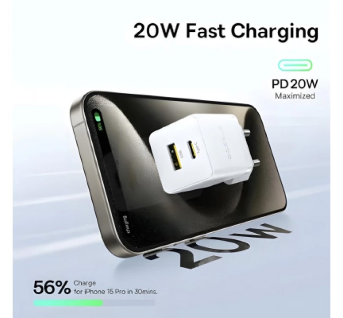 Baseus Зарядний пристрій Baseus 1xUSB-C 20W + 1xUSB white + cable USB-C to USB-C 60W 1.0m (P10111608213-01)