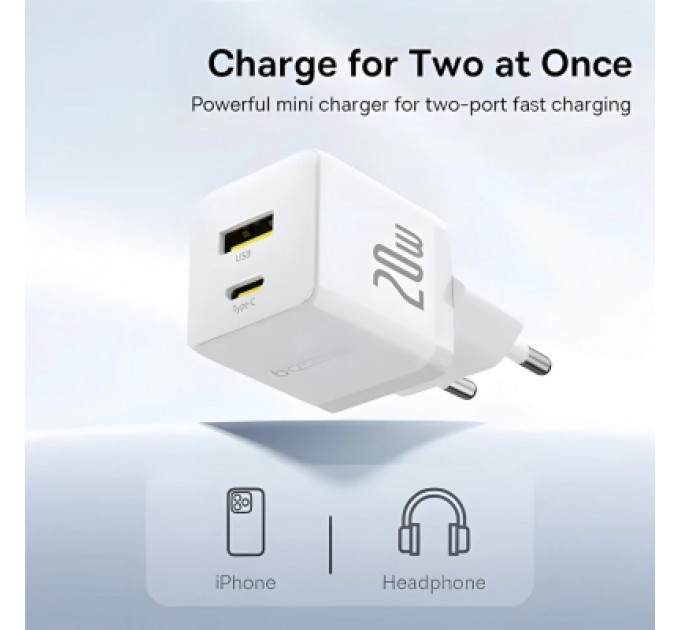 Baseus Зарядний пристрій Baseus 1xUSB-C 20W + 1xUSB white + cable USB-C to USB-C 60W 1.0m (P10111608213-01)