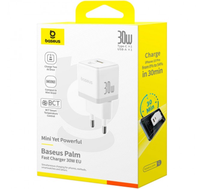 Baseus Зарядний пристрій Baseus 1xUSB-C 30W + 1xUSB white (P1011160A213-00)