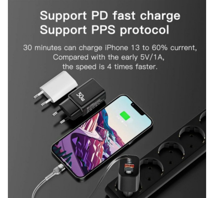 Essager Зарядний пристрій Essager 1xUSB + 1xUSB-C PD30W black (ECTPQS-ZTB01)
