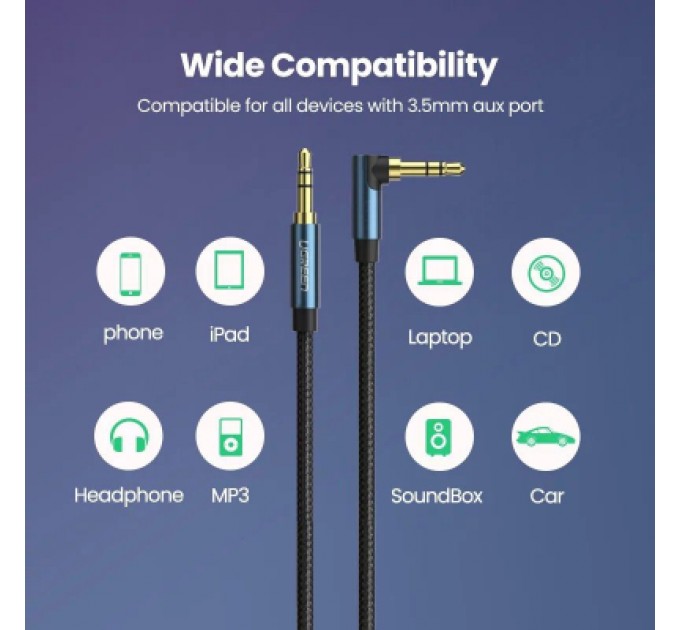 Ugreen Кабель мультимедійний 3.5mm M to 3.5mm M 1.0m 90° corner AV112 blue Ugreen (60179)