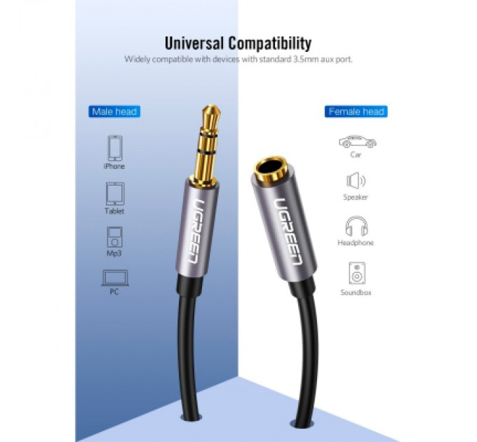 Ugreen Кабель мультимедійний 3.5mm M to 3.5mm F 1.0m AV118 gray Ugreen (10592)