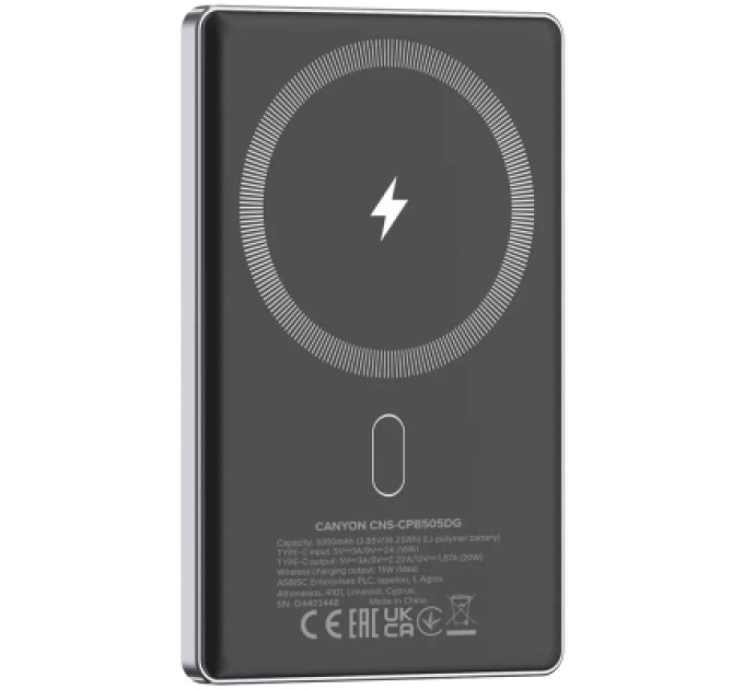Canyon Батарея універсальна Canyon 5000mAh OnPower 505 slim Magsafe PD/20W Dark Grey (CNS-CPB505DG)