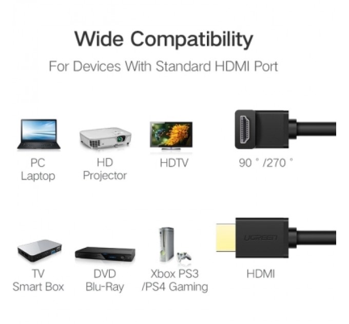 Ugreen Кабель мультимедійний HDMI M to HDMI M 1.0m 90° corner HD103 black Ugreen (10172)