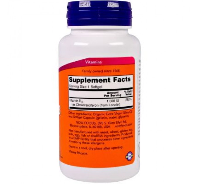 Now Foods Вітамін Now Foods Вітамін D-3 1000IU, 180 желатинових капсул (NOW-00365)