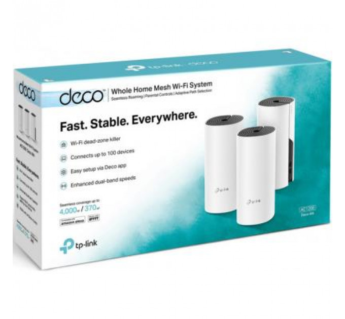 Точка доступу Wi-Fi TP-Link DECO E4 3 pcs AC1200, 2xFE LAN/WAN, MESH, MU-MIMO, Beamformi (DECO-E4-3-PACK)