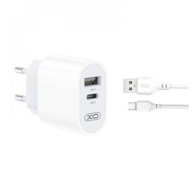 XO Зарядний пристрій XO L97 (1Type-C/1USB/2.4A) + USB - MicroUSB White (XO-L97-MC)
