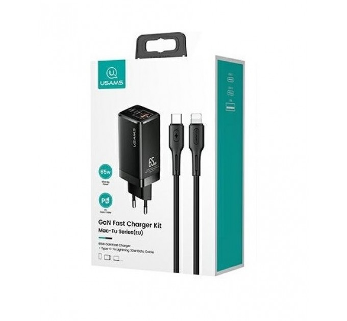 Usams Сетевое зарядное устройство Usams US-CC110 (1USB, 2USB Type-C) 65W PD + QC3.0 Black (MTXLOGTL01) + кабель USB-C - Lightning