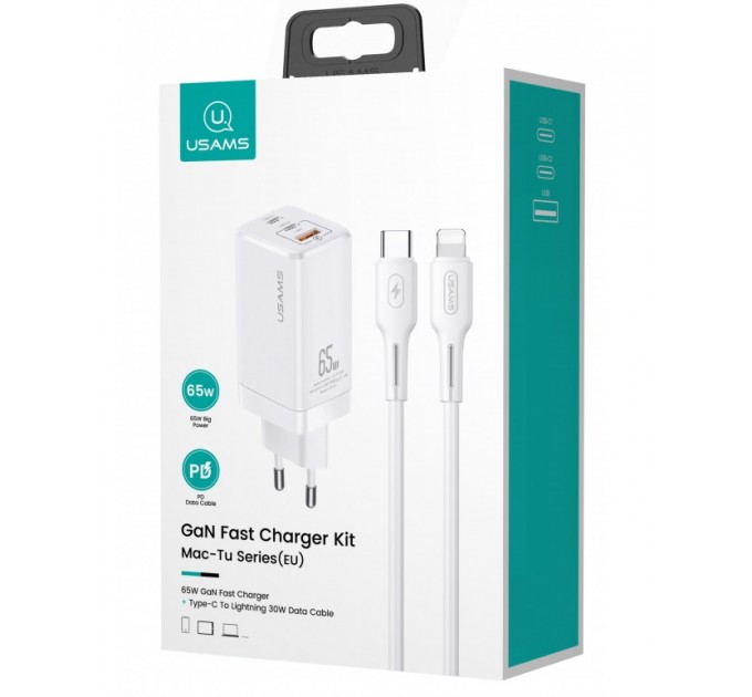 Usams Сетевое зарядное устройство Usams US-CC110 (1USB, 2USB Type-C) 65W PD + QC3.0 White (MTXLOGTL02) + кабель USB-C - Lightning