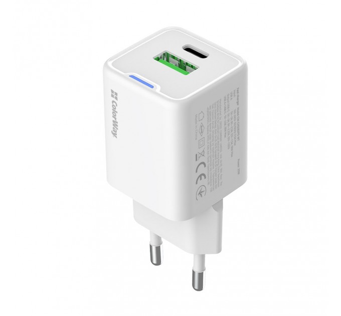 ColorWay Мережевий зарядний пристрій ColorWay GaN Mini 20W PD Port PPS USB (Type-C PD + USB QC4.0) White (CW-CHS062PD-WT)