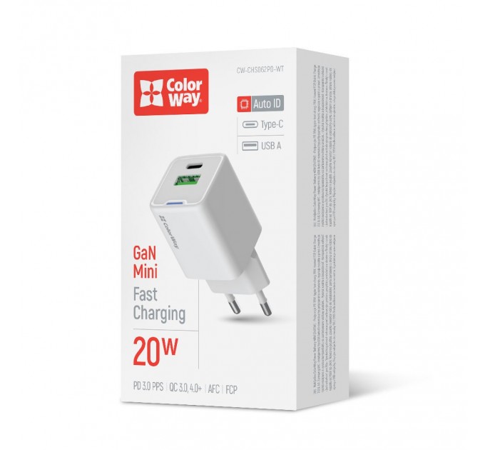 ColorWay Мережевий зарядний пристрій ColorWay GaN Mini 20W PD Port PPS USB (Type-C PD + USB QC4.0) White (CW-CHS062PD-WT)