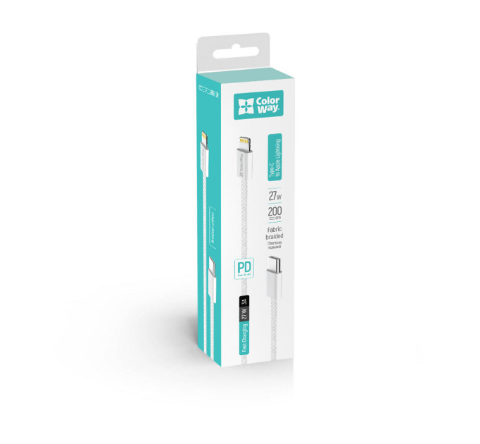ColorWay Кабель ColorWay USB Type-C - Lightning (M/M), (braided cotton) (PD Fast Charging 27W), 2 м, Gray (CW-CBPDCL068-GR)
