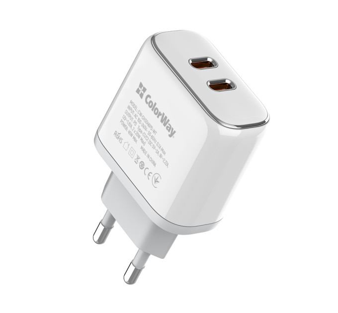ColorWay Мережевий зарядний пристрій ColorWay Power Delivery Port PPS USB (Type-C PD + Type-C PD) (40W) White (CW-CHS048PD-WT)
