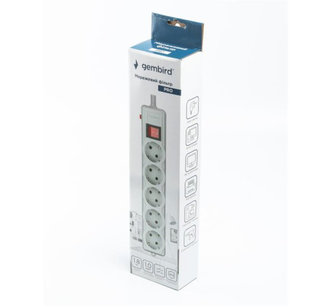 Gembird Фільтр живлення Gembird Pro (SPG5-G-6G-PRO) 5 розеток, 1.8м, сірий