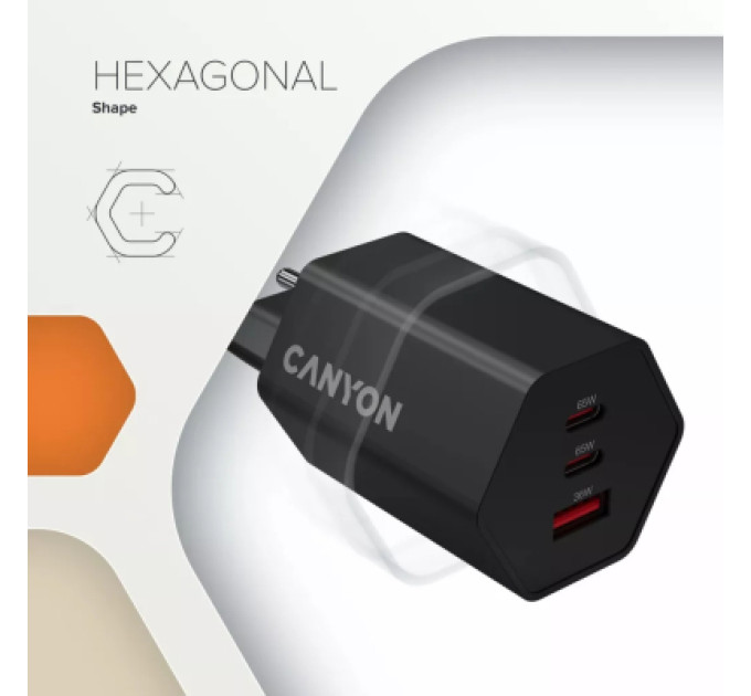 Canyon Зарядний пристрій Canyon HEXAGON 65 GaN 65W 2xPD 1xQC EU Black (CND-CHAHEX65B)