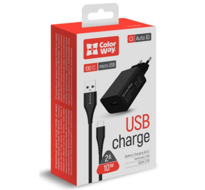 ColorWay Зарядний пристрій ColorWay 1USB AUTO ID 2A (10W) black + cable micro USB (CW-CHS012CM-BK)