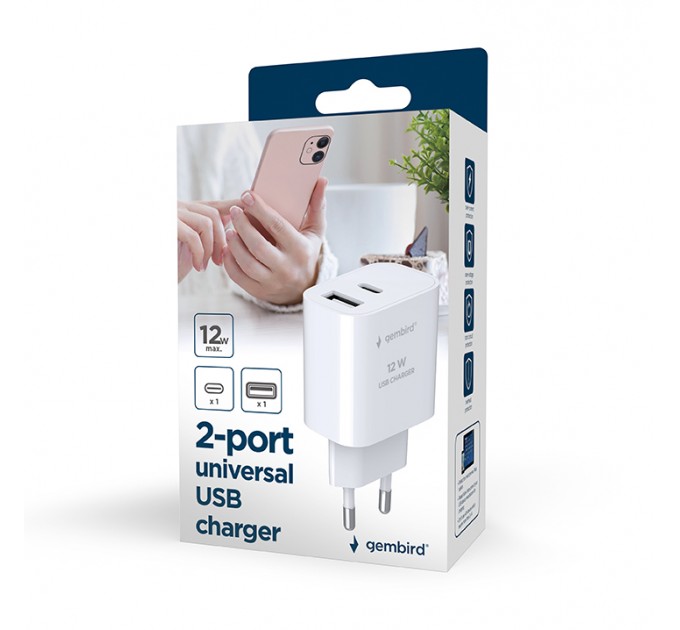 Gembird Мережевий зарядний пристрій Gembird (1USBх2.4A + 1USB-Cх2.4A) Black (TA-UC-2AC12-01-BK)