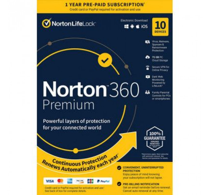 Антивірус Norton by Symantec NORTON 360 PREMIUM 75GB 1 USER 10 DEVICE 12M (21409567)