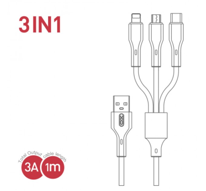 XO Дата кабель USB 2.0 AM to Lightning + Micro 5P + USB-C 3A black XO (CB-23U3-BK)