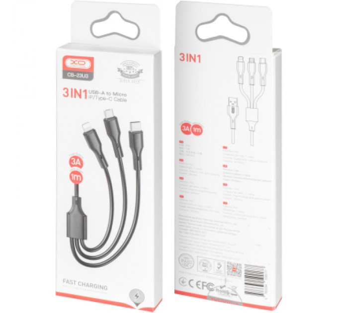 XO Дата кабель USB 2.0 AM to Lightning + Micro 5P + USB-C 3A black XO (CB-23U3-BK)