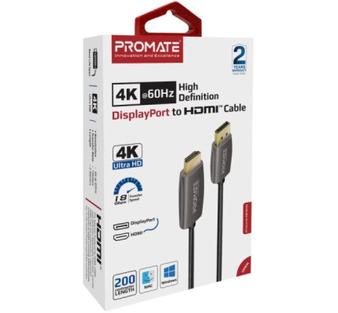 Promate Кабель мультимедійний DisplayPort to HDMI prolink-dp200.black Promate (prolink-dp200.black)