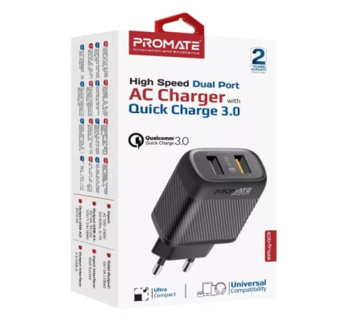 Promate Зарядний пристрій Promate biplug-qc3.eu-bk