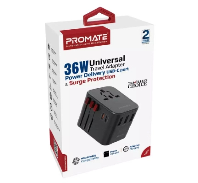 Promate Зарядний пристрій Promate tripmate-36w.black