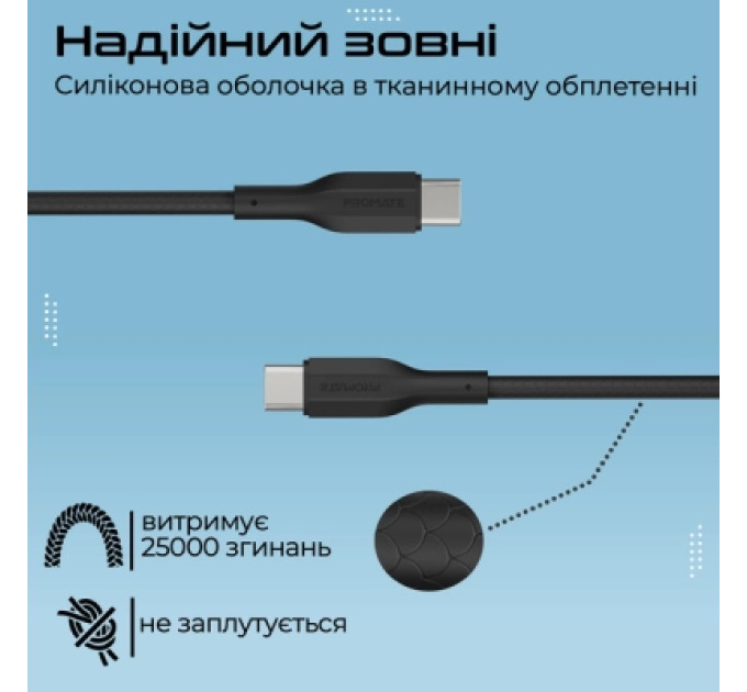 Promate Дата кабель USB-C to USB-C cablekit-cc.black Promate (cablekit-cc.black)