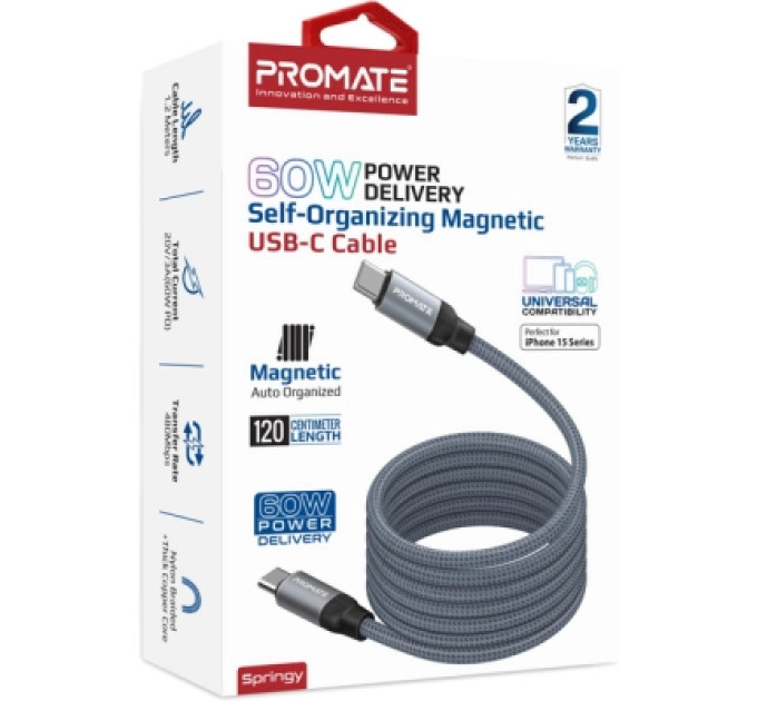 Promate Дата кабель USB-C to USB-C springy.grey Promate (springy.grey)