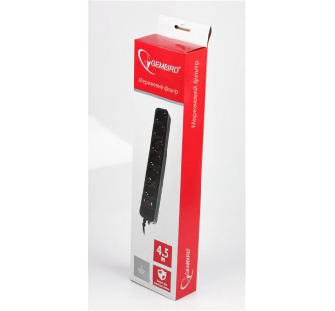 Gembird Мережевий фільтр Gembird SPG6-G-15B ,чорний, 4,5 м кабель, 6 розеток