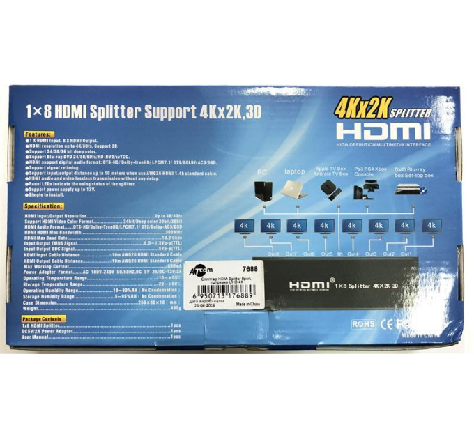 Atcom Розгалужувач (спліттер) Atcom (7688) HDMI 8 портів, підтримка UHD 4K