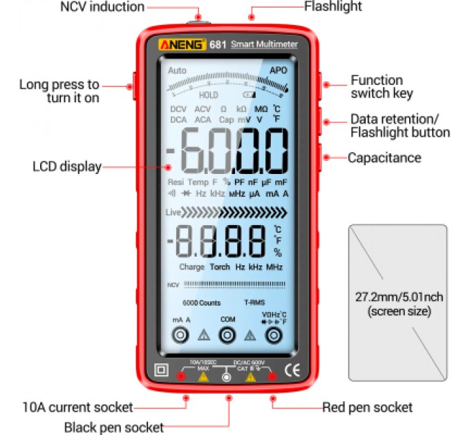 ANENG Цифровий мультиметр ANENG AN-681, V, A, R, C, T, F (AN-681)