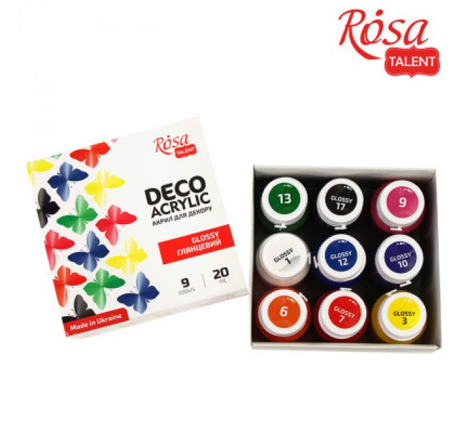 Rosa Акрилові фарби Rosa для декору глянсові 9 кол по 20 мл (4823098511144)