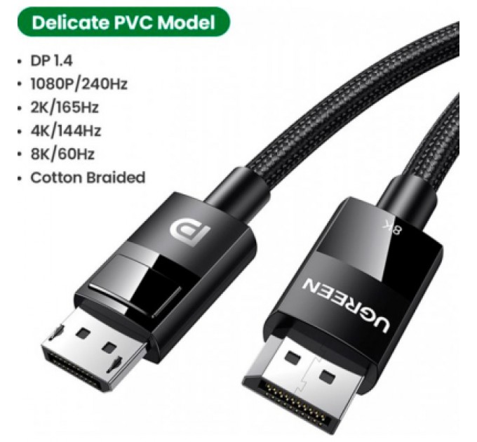 Ugreen Кабель мультимедійний DisplayPort M to DisplayPort M 5.0m V1.4 braided DP114 black Ugreen (80394)