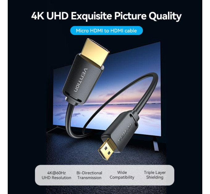 Vention Кабель мультимедійний HDMI to HDMI Micro 3.0m V2.0 4K 60Hz18Gbps HDR Dolby Vention (AGIBI)