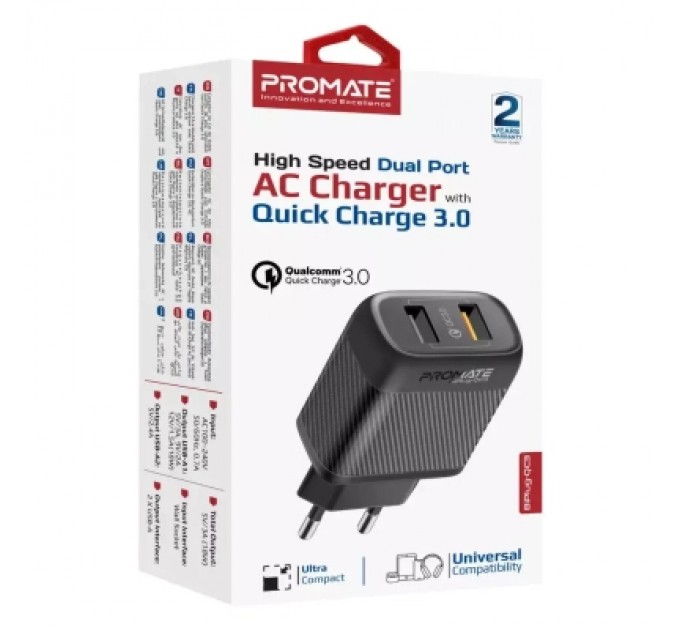 Promate Зарядний пристрій Promate biplug-qc3.eu-bk
