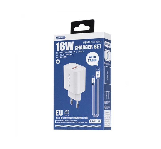 Remax Мережевий зарядний пристрій Remax Kiddy Series 18W White (1USB 2.1 А) + кабель USB Type-C