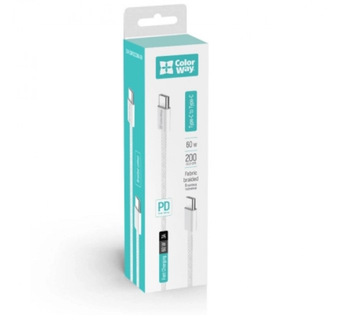 ColorWay Дата кабель USB-C to USB-C 2.0m (braided cotton) (PD Fast Charging 60W) 3.0А grey ColorWay (CW-CBPDCC068-GR)