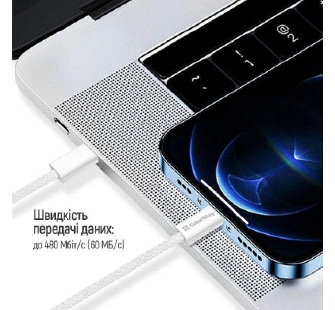ColorWay Дата кабель USB-C to USB-C 2.0m (braided cotton) (PD Fast Charging 60W) 3.0А grey ColorWay (CW-CBPDCC068-GR)