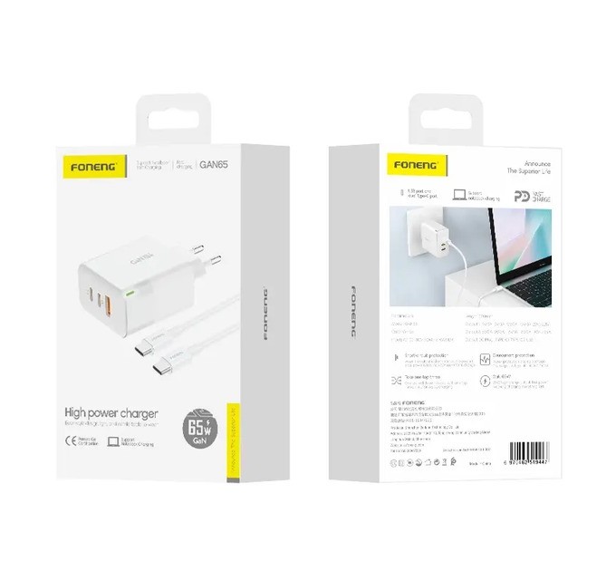 Foneng Сетевое зарядное устройство Foneng GAN65 USB-A 2xUSB-C GaN 65W White + кабель USB-C