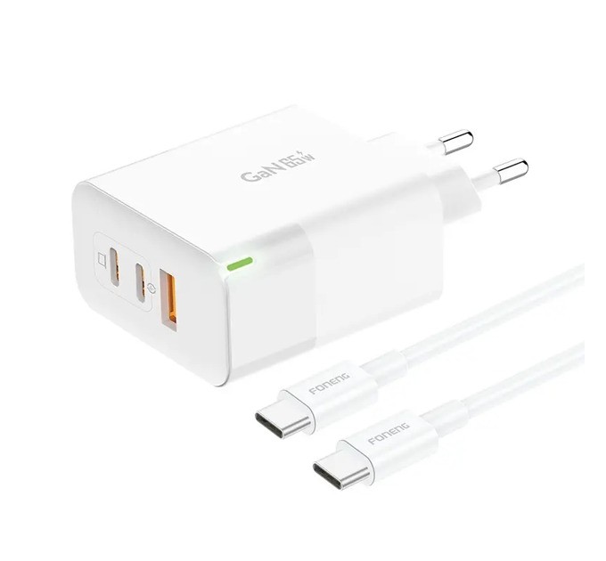 Foneng Сетевое зарядное устройство Foneng GAN65 USB-A 2xUSB-C GaN 65W White + кабель USB-C