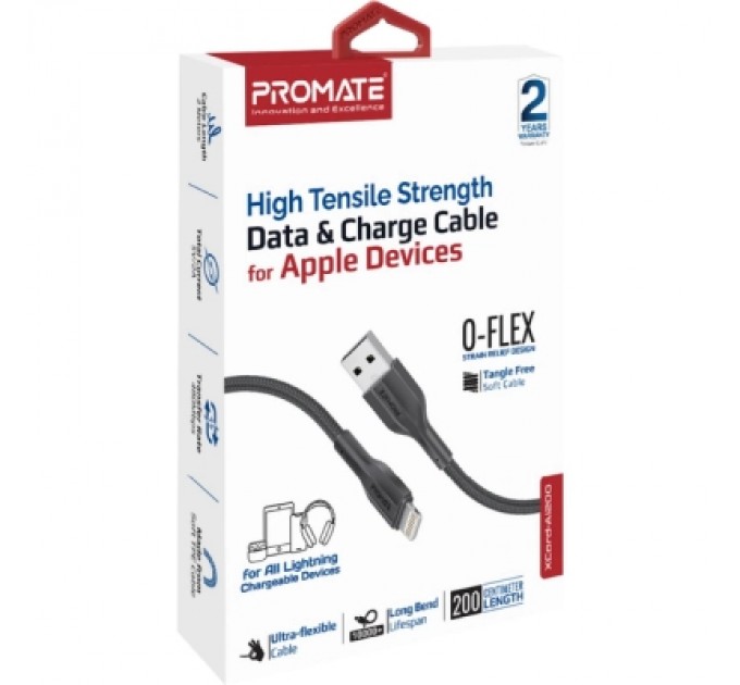 Promate Дата кабель USB 2.0 AM to Lightning 2.0m 2A xCord-Ai200 black Promate (xcord-ai200.black)