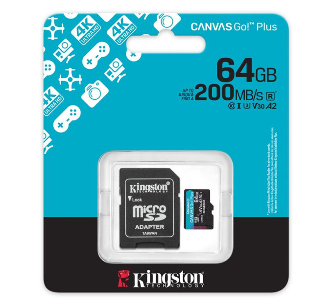 Kingston Карта пам'яті Kingston 64GB microSDXC сlass 10 UHS-I U3 V30 A2 Canvas Go Plus G4 (SDCG4/64GB)