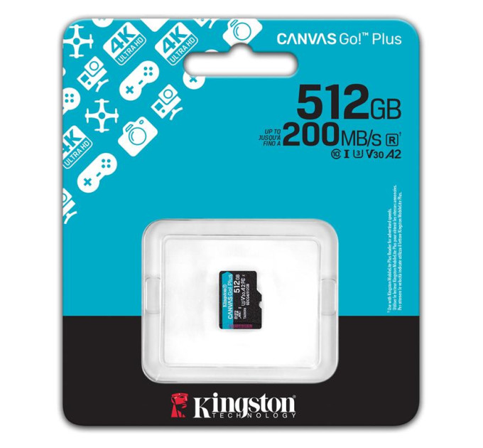 Kingston Карта пам'яті Kingston 512GB microSDXC сlass 10 UHS-I U3 V30 A2 Canvas Go Plus G4 (SDCG4/512GBSP)
