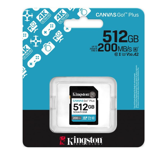 Kingston Карта пам'яті Kingston 512GB SDXC сlass 10 UHS-I U3 V30 Canvas Go Plus G4 (SDG4/512GB)