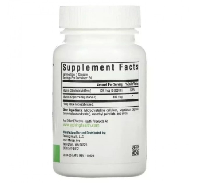 Seeking Health Вітамін Seeking Health Вітамін D3+K2, 5000 МО та 100 мкг, Vitamin D3+K2, 60 вегетаріанських ка (SKH-52136)