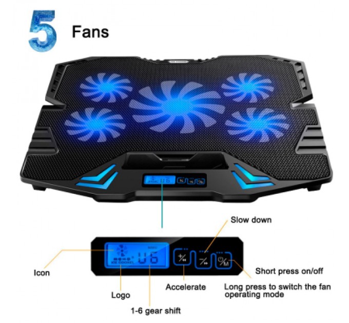 IceCoorel Підставка до ноутбука IceCoorel 10-15", 1*125mm 1400 RPM + 4*70mm 2500 RPM, 2*USB, 365x297x30mm, Blue (K5Bl)