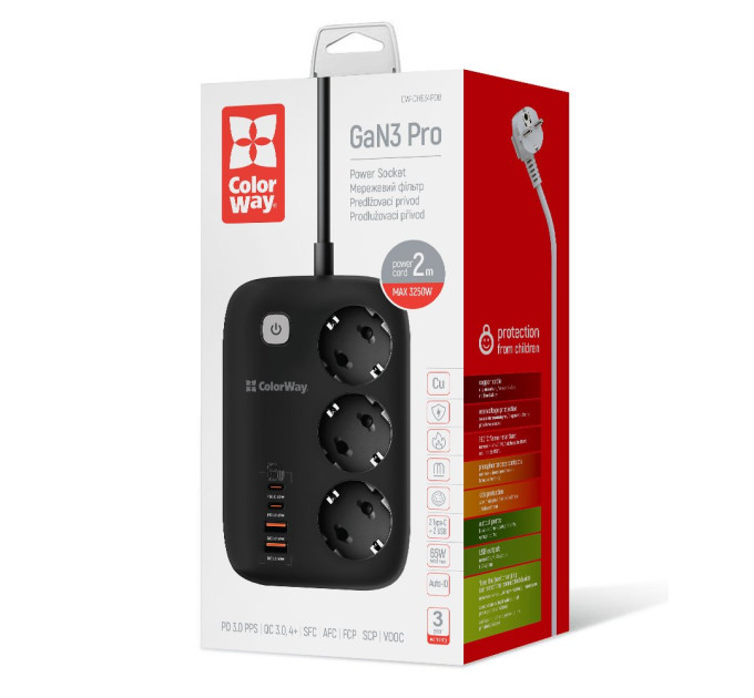ColorWay Фільтр живлення ColorWay CW-CHE34PDB GaN3 Pro PD 65W (2USB-A + 2 TYPE-C) 3 розетки, 4 USB, 2 м, чорний